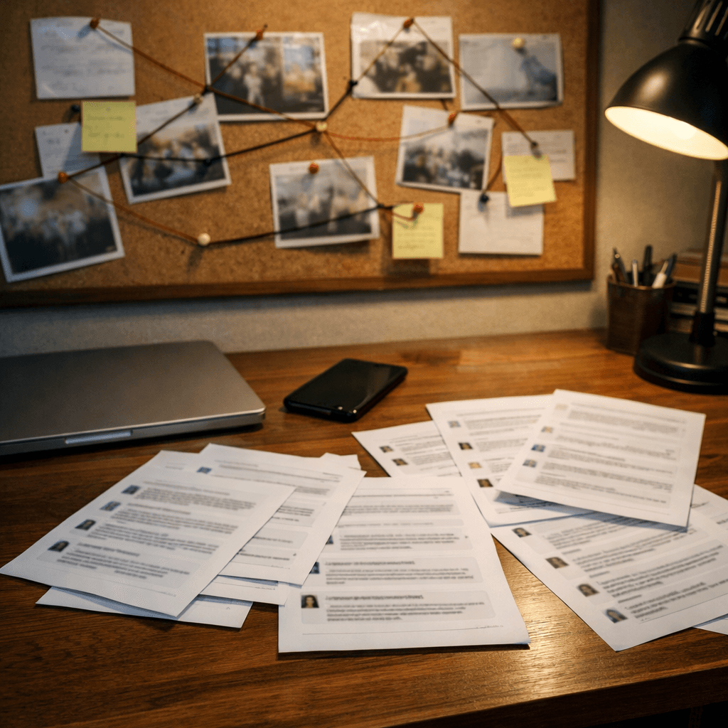 Desk with blurred social media printouts and laptop symbolizing legal funding in defamation and reputational harm lawsuits
