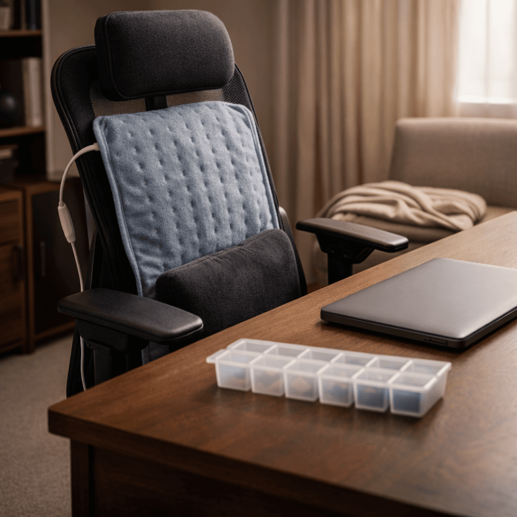 Ergonomic chair, heating pad, and pill organizer in a home office illustrating legal funding for plaintiffs with chronic pain conditions