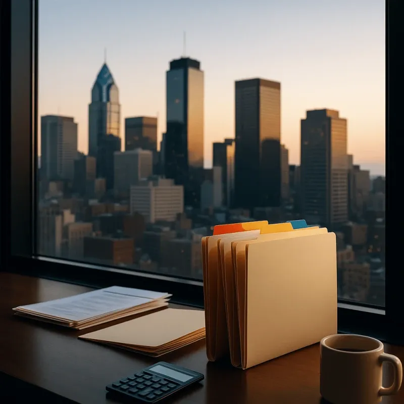 City skyline through law office window symbolizing new case types in litigation finance
