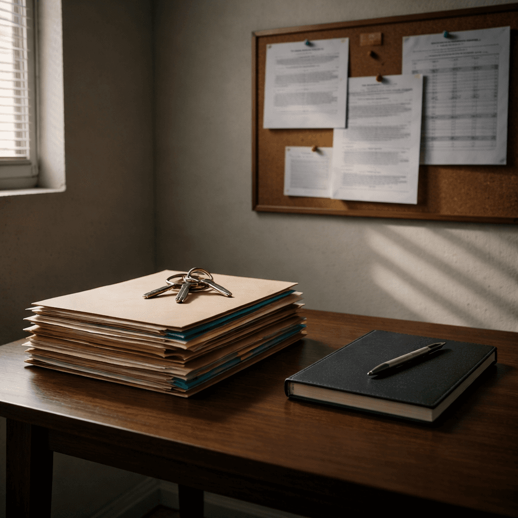 Desk with court folders, keys, and pinned forms symbolizing legal funding when you have a criminal record or pending case