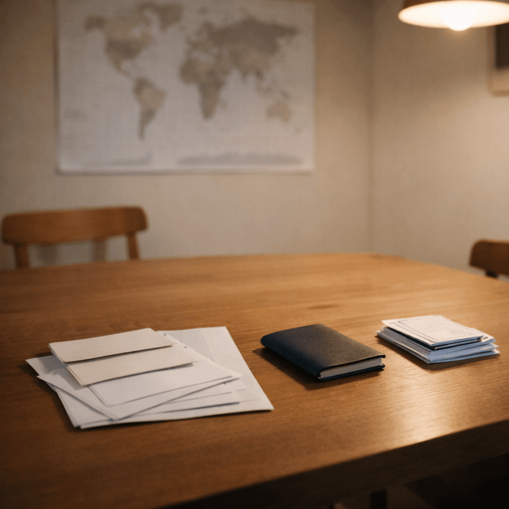 Dining table with closed passport holder and hidden documents symbolizing legal funding for injured plaintiffs worried about immigration status